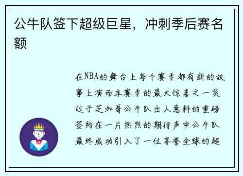 公牛队签下超级巨星，冲刺季后赛名额