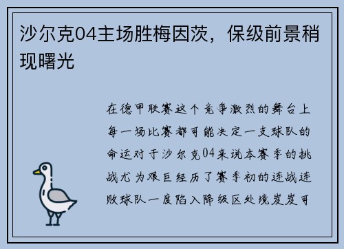 沙尔克04主场胜梅因茨，保级前景稍现曙光