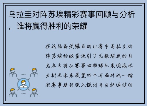 乌拉圭对阵苏埃精彩赛事回顾与分析，谁将赢得胜利的荣耀