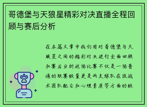 哥德堡与天狼星精彩对决直播全程回顾与赛后分析